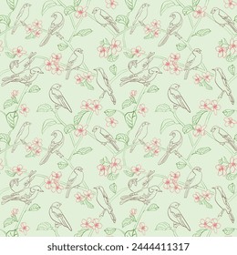 light green seamless pattern. Vector texture with silhouettes of birds and apple tree flowers. Spring.
