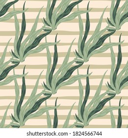 Light green seaweed seamless pattern. Beige stripped background. Botanic aqua backdrop. Designed for wallpaper, textile, wrapping paper, fabric print. Vector illustration.