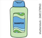 Light green shampoo bottle with blue cap and wavy label

