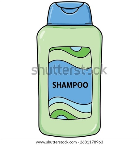 Light green shampoo bottle with blue cap and wavy label

