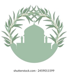 Light green silhouette of a synagogue with olive tree branches 