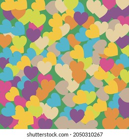 Arte De Boda Romántica Verde Claro. Corazones Modernos Púrpura Aman La Impresión De Vectores Confetti. Ilustración De Arte Rosa Azul Cálido San Valentín. Tela Detallada De Color Multicolor Brillante.