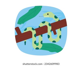 A light green snake with dark green markings hangs serenely on a tree trunk, jungle vector illustration.