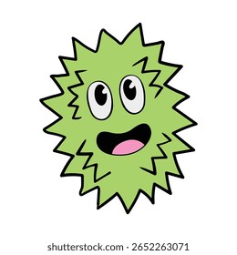A light green, spiky cartoon character with large eyes and an open mouth, radiating a happy expression.