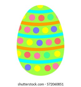 Light green spotted easter egg with orange and teal curved horizontal lines on white background vector illustration for kids flat design