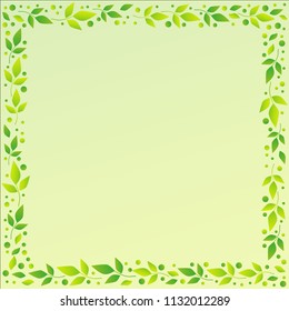 Light green square background with decorative frame of green leaves and dots for decoration, scrapbooking paper, sheet of book or notebook, wedding invitation, greeting card, text, family tree