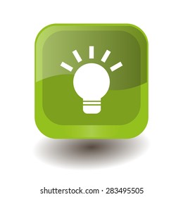Light green square button with white light bulb sign, vector design for website
