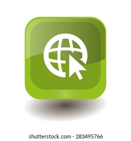 Light green square button with white globe (go to web) sign, vector design for website