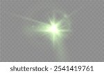 Light green star. Light sunny sparkle. White light flash green. Vector illustrator. lighting effects. Beam a spotlight and a star with bokeh and dust. Glowing abstract isolated lenses light effects.