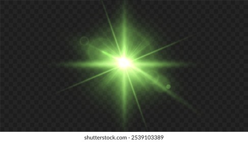 Estrela verde-clara. Brilho ensolarado claro. Luz branca flash verde. Ilustrador de vetor. efeitos de iluminação. Transmita um holofote e uma estrela com bokeh e poeira. Lentes isoladas abstratas brilhantes efeitos de luz.