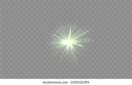 Light green star. Light sunny sparkle. White light flash green. Vector illustrator. lighting effects. Beam a spotlight and a star with bokeh and dust. Glowing abstract isolated lenses light effects.