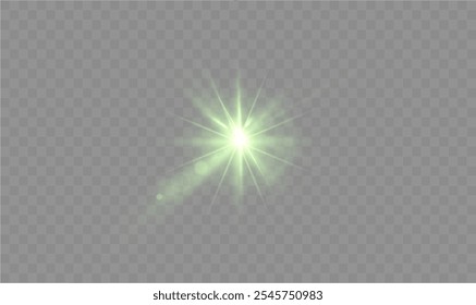 Light green star. Light sunny sparkle. White light flash green. Vector illustrator. lighting effects. Beam a spotlight and a star with bokeh and dust. Glowing abstract isolated lenses light effects.