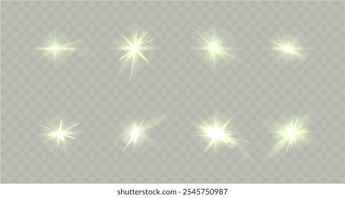 Light green star. Light sunny sparkle. White light flash green. Vector illustrator. lighting effects. Beam a spotlight and a star with bokeh and dust. Glowing abstract isolated lenses light effects.