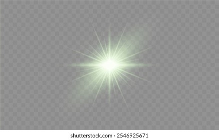 Light green star. Light sunny sparkle. White light flash green. Vector illustrator. lighting effects. Beam a spotlight and a star with bokeh and dust. Glowing abstract isolated lenses light effects.