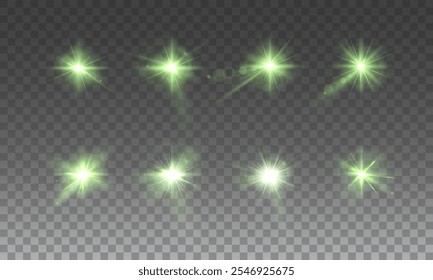 Light green star. Light sunny sparkle. White light flash green. Vector illustrator. lighting effects. Beam a spotlight and a star with bokeh and dust. Glowing abstract isolated lenses light effects.