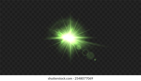 Light green star. Light sunny sparkle. White light flash green. Vector illustrator. lighting effects. Beam a spotlight and a star with bokeh and dust. Glowing abstract isolated lenses light effects.