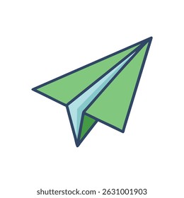 A light green stylized paper airplane with blue outline on White Background. Simple and modern for technology and design.