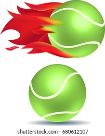 light green tennis ball moving fast with flames, sitting ball with shadow