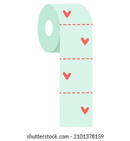 Light green toilet paper with red hearts. Vector over white background. Toilet paper roll flat icon. Isolated illustration of sanitary scented paper napkins.