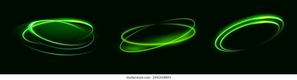 Giro verde claro. Efecto de luz de curva de línea verde. Portal de círculo verde luminoso. Vector