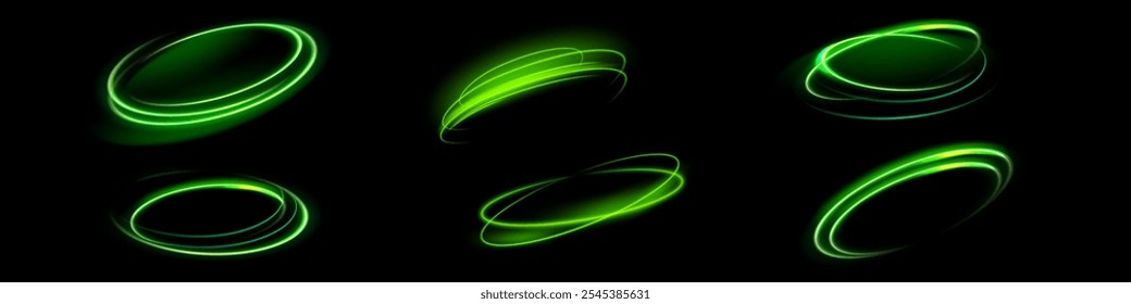 Light green twirl. Curve light effect of green line. Luminous green circle portal. Vector