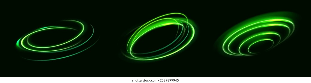 Light green twirl. Curve light effect of green line. Luminous green circle portal. Vector