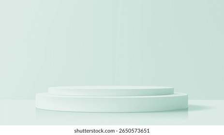 Light green two tier geometric podium stage. Product display pedastal. Empty room studio for cosmetic or fashion presentation.