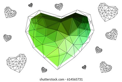 Light Green vector abstract glitter heart shape on white background in love concept for valentine's day with sweet and romantic moment. Polygonal design for your business.
