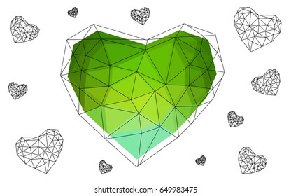 Light Green vector abstract glitter heart shape on white background in love concept for valentine's day with sweet and romantic moment. Polygonal design for your business.