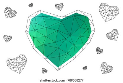 Light Green vector abstract glitter heart shape on white background in love concept for valentine's day with sweet and romantic moment. Polygonal design for your business.