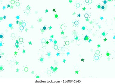 Light Green vector backdrop with bright stars, suns. Glitter abstract illustration with colored stars, suns. Template for cosmic backgrounds.