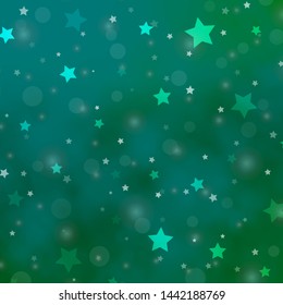 Light Green vector backdrop with circles, stars. Colorful illustration with gradient dots, stars. Design for wallpaper, fabric makers.