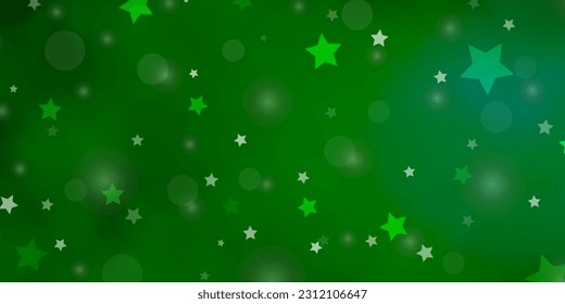 Light Green vector backdrop with circles, stars. Glitter abstract illustration with colorful drops, stars. Pattern for design of fabric, wallpapers.