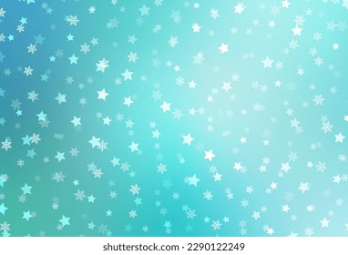 Fondo vectorial verde claro con hermosos copos de nieve, estrellas. Ilustración abstracta geométrica moderna con copos de nieve. Diseño de afiches y pancartas de Año Nuevo.