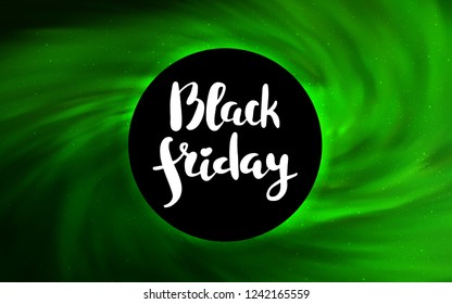 Light Green vector background with a black hole, sky. Illustration with colorful milky way stars and a black hole. Template for Black Friday sales.