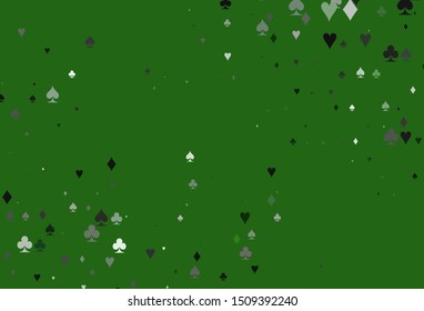 Light Green vector background with cards signs. Colored illustration with hearts, spades, clubs, diamonds. Smart design for your business advert of casinos.