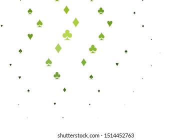 Light Green vector background with cards signs. Blurred decorative design of hearts, spades, clubs, diamonds. Pattern for ads of parties, events in Vegas.