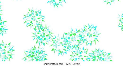 Fondo vectorial verde claro con copos de nieve navideños. Elementos de nieve coloridos al estilo navideño decorativo. Patrón de sitios web de año nuevo.