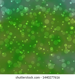 Light Green vector background with circles, stars. Glitter abstract illustration with colorful drops, stars. Pattern for trendy fabric, wallpapers.