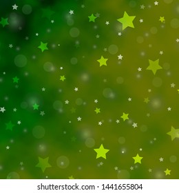 Light Green vector background with circles, stars. Glitter abstract illustration with colorful drops, stars. Design for textile, fabric, wallpapers.