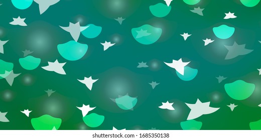 Fondo vectorial verde claro con círculos, estrellas. Ilustración con un conjunto de coloridas esferas abstractas, estrellas. Textura para persianas, cortinas.