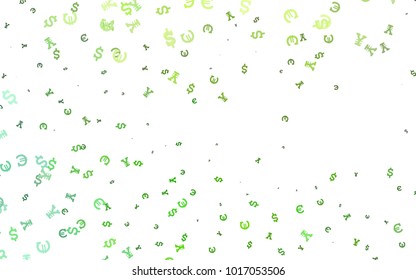Light Green vector background with Euro, Dollar, Yen. Blurred design in with symbols of EUR, USD, JPY. The pattern can be used as ads, poster, banner for payments.