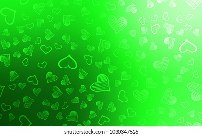 Light Green vector background with hearts. Hearts on blurred abstract background with colorful gradient. Pattern for marriage gifts, congratulations.