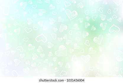 Light Green vector background with hearts. Blurred decorative design in doodle style with hearts. Design for ad, poster, banner of Valentine Day.