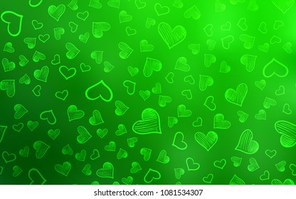 Light Green vector background with hearts. Glitter abstract illustration with colorful hearts in romantic style. Pattern for carnival, festival romantic leaflets.