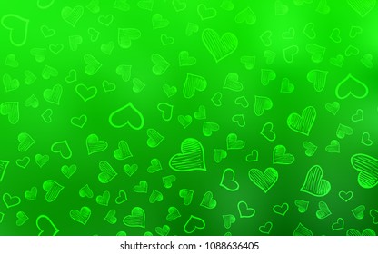 Light Green vector background with hearts. Hearts on blurred abstract background with colorful gradient. Pattern can be used for valentine's ad, booklets.