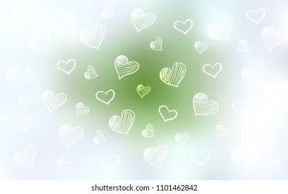 Light Green vector background with hearts. Decorative shining illustration with hearts on abstract template. Pattern for marriage gifts, congratulations.