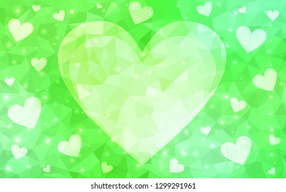 Light Green vector  background with Shining hearts. Glitter abstract illustration with colorful hearts in romantic style. Pattern for valentine's ad, booklets.