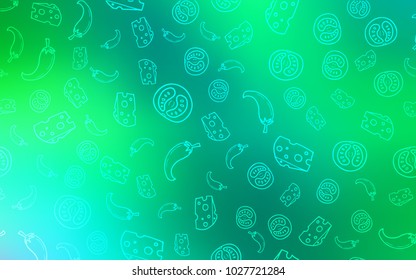 Light Green vector background with tasty food. Blurred decorative design of snacks in doodle style. Design for ad, poster, banner of cafes or restaurants.