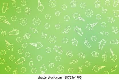 Light Green vector background with tasty sweets. Decorative shining illustration with sweets on abstract template. Template of children's food in cafe.